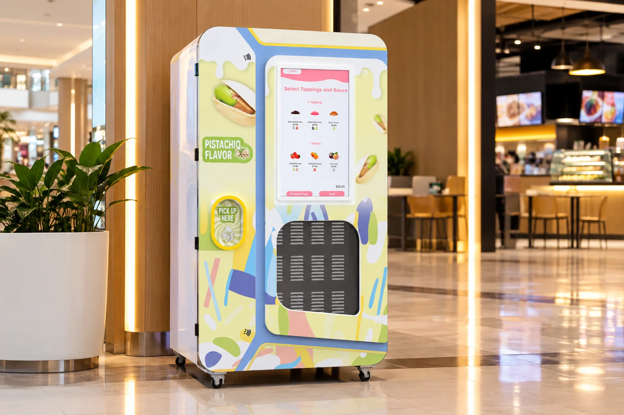 Huaxin B85 with touchscreen ordering, a visible preparation area, and a separate cup pickup opening